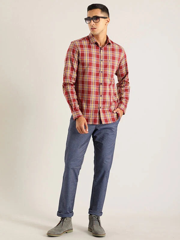 Indian Terrain Men's Slim Fit Full Sleeve Checkered Maroon Shirt